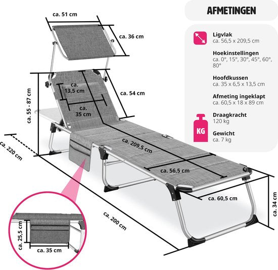 tectake® - Chaise longue Lorella rembourrée, pliable - gris chiné - 220 x 60,5 x 34 cm, avec poche latérale