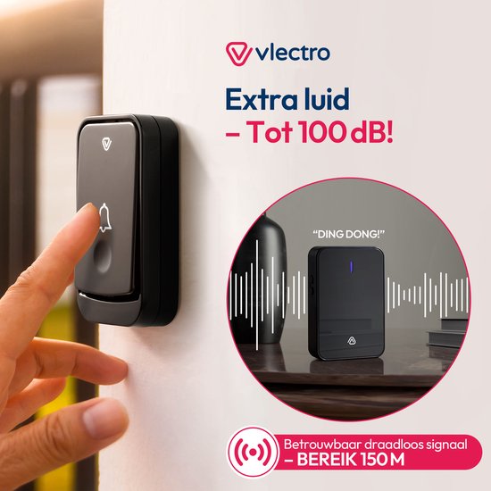 Vlectro - Sonnette sans fil avec 1 ou 2 récepteurs - Noir - Sonnette avec 2 récepteurs