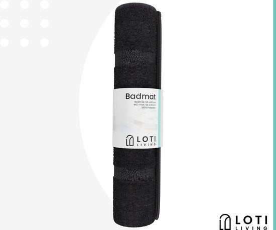 Loti Living Tapis de bain avec tapis de toilette antidérapant - Tapis de douche - Tapis de salle de bain - Tapis de sol - Tapis de bain avec tapis de toilette - Tapis de bain antidérapant - Noir - 50x80 cm + 50x40 cm