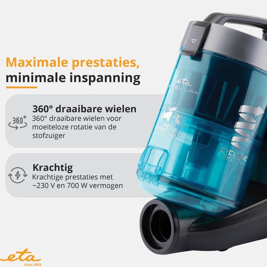 Aspirateur sans sac ETA Stellar avec moteur ECO et accessoires - 1,5 litre - portée 10 mètres - double filtre HEPA 10 et 12 - noir/bleu