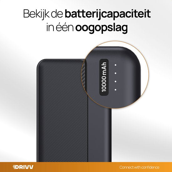 Drivv. Powerbank 10 000 mAh - Chargeur rapide 22,5W - Charge rapide USB 3.0 - USB C - Convient à Samsung / iPhone / autres - Noir