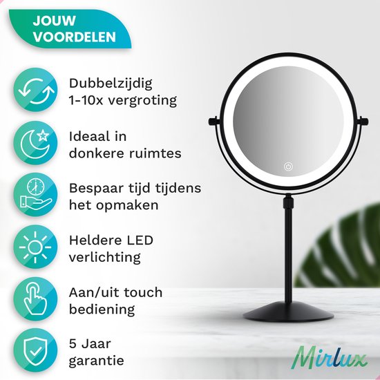 Mirlux Miroir de maquillage avec éclairage LED - lumière grossissante 10x - réglable en hauteur - 3 modes d'éclairage - rechargeable - Miroir grossissant noir