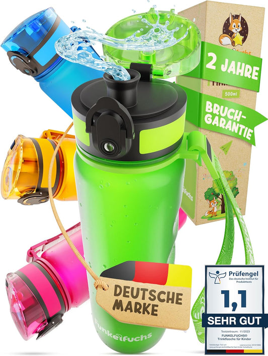 Funkelfuchs® - Bouteille pour enfants - 500ml, verte - gazeuse - 100% étanche - bouteille d'eau lavable au lave-vaisselle - pour le jardin d'enfants, l'école, le sport