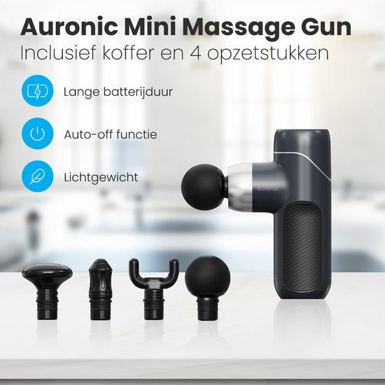 Auronic Massage Gun - Appareil de massage - Professionnel - 4 accessoires et étui - Pistolet de massage - Corps entier - Gris foncé