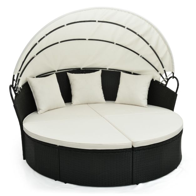 Chaise longue ronde Costway - avec coussins et auvent rétractable - 187 x 180 x 157 cm - Noir/Orange Blanc