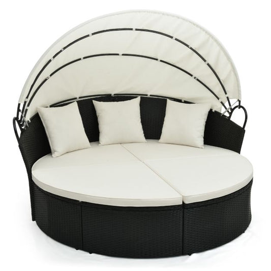 Chaise longue ronde Costway - avec coussins et auvent rétractable - 187 x 180 x 157 cm - Noir/Orange Blanc