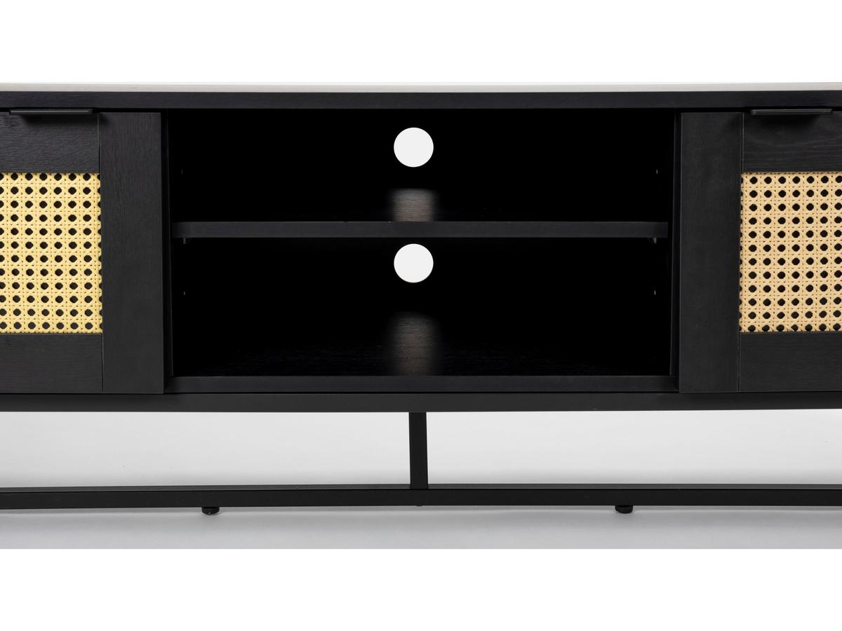 Meuble TV Cube de fonQ – 150 x 40 x 50 cm – Meuble en bois noir avec détails en rotin tressé et piètement métallique – Style bohème