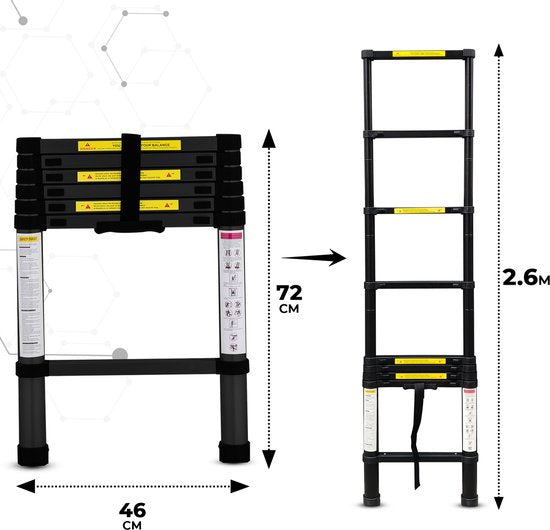 Outbee Telescopic Ladder - Échelle pliante télescopique - Hauteur de travail 2.6m - Aluminium - Noir