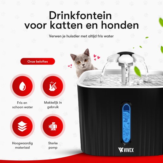 Fontaine à eau Vivex® - Fontaine à eau pour chats et chiens - 12 filtres et outil de nettoyage inclus - Silencieuse - Filtres supplémentaires