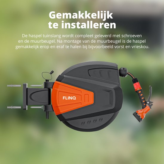 FlinQ Enrouleur de tuyau d'arrosage 10 mètres - Enrouleur de tuyau automatique - Enrouleur mural rotatif à 180° - Boîte à tuyau murale avec tuyau d'arrosage, enrouleur et tête d'arrosage - 9 modes d'arrosage