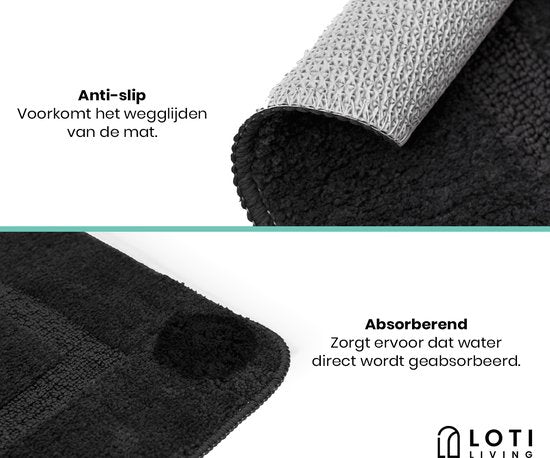 Loti Living Tapis de bain avec tapis de toilette antidérapant - Tapis de douche - Tapis de salle de bain - Tapis de sol - Tapis de bain avec tapis de toilette - Tapis de bain antidérapant - Noir - 50x80 cm + 50x40 cm
