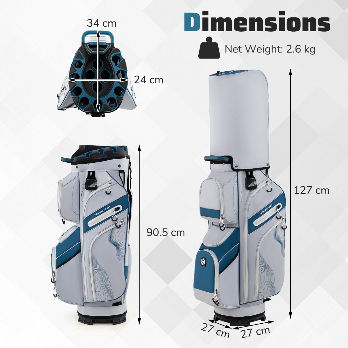 Sac de golf Coast avec 14 compartiments, 11 poches, sangle de transport et housse de pluie - Sac léger pour chariot de golf - 34x24x90.5 cm - Bleu marine