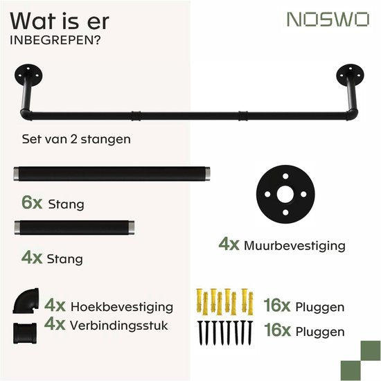 Noswo Wall Clothes Rack - 2 Pieces - High Quality Steel Clothes Rod - Clothes Rack - Hanging Rack - Wardrobe Rod - 112 cm - Black