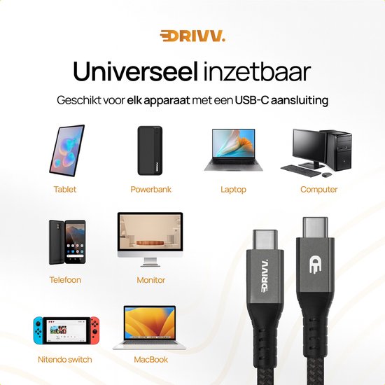 Drivv. Câble USB-C vers USB-C 4.0 - Gen 3 - Charge rapide 240 W - 8K 60 Hz - 40 Gbps - 3 mètres - Nylon - Noir
