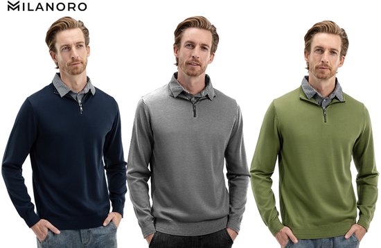 Milanoro - Pull pour homme avec col chemise et demi-fermeture éclair - Marine - XXL