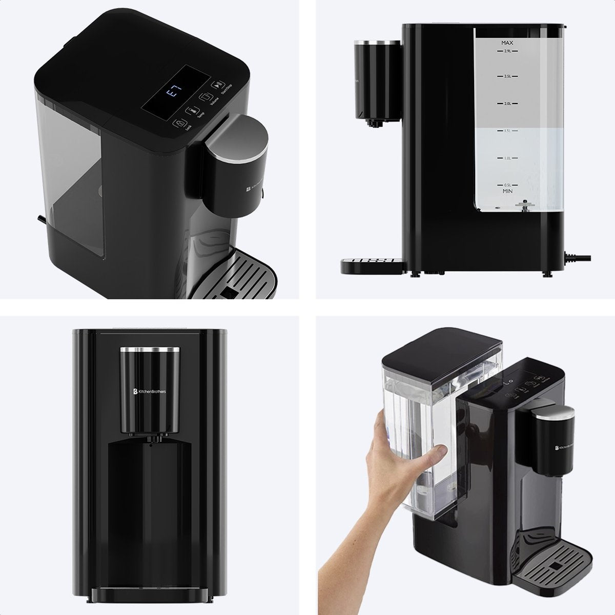 KitchenBrothers Distributeur d'eau chaude - 2.9L - Ecran tactile - Robinet d'eau chaude - 2600W - Noir