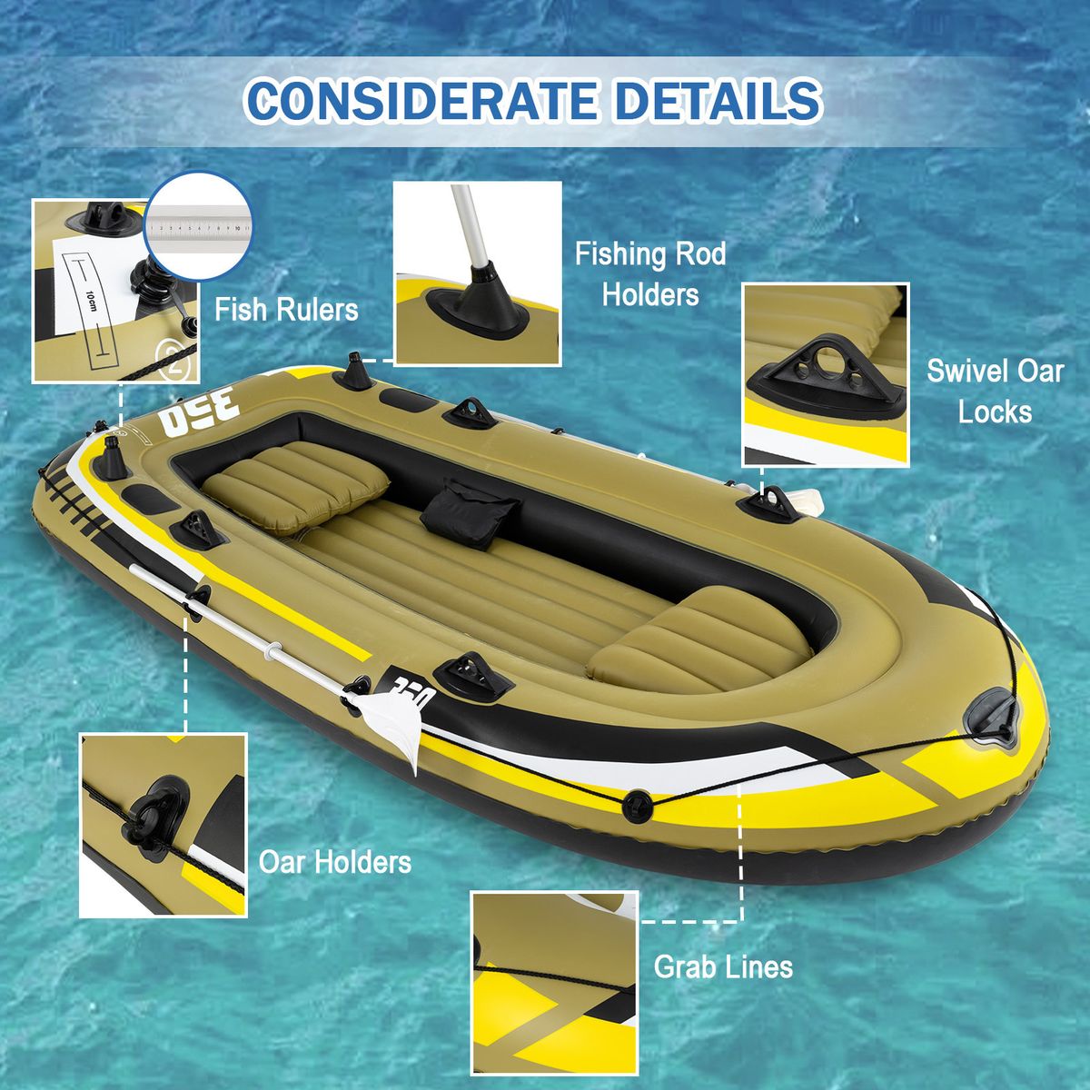 Bateau de pêche gonflable Coast - 3 chambres à air - pagaies et pompe incluses - vert - 305 x 136 x 42 cm