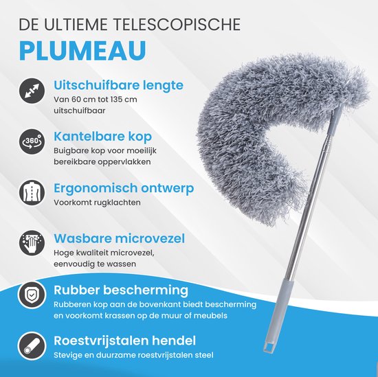 TTD® Pelle à poussière extensible - Rage Ball avec manche télescopique - jusqu'à 135 cm - lavable - microfibre - tête inclinable jusqu'à 90 degrés - avec crochet de suspension