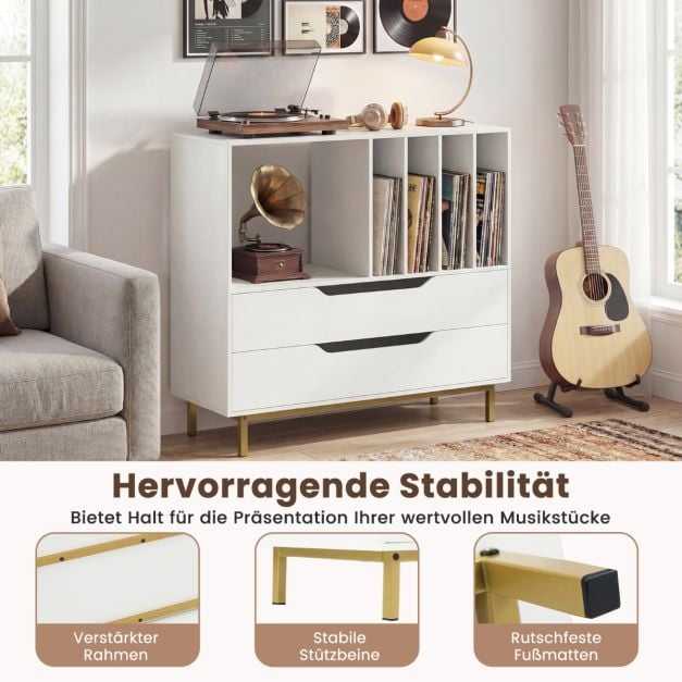Coast Record Player Furniture White - Meuble rétro en vinyle avec 4 compartiments pour disques et 2 tiroirs - 91 x 36 x 87 cm