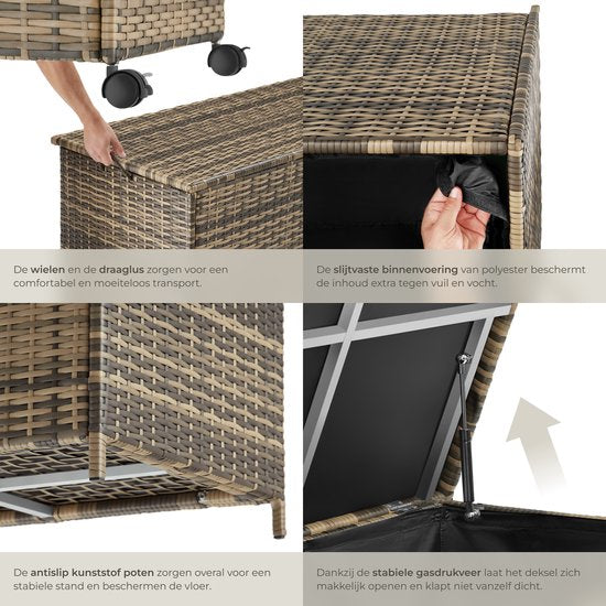 Boîte de rangement en osier tectake® - 253 L - Boîte à coussins d'extérieur - Coffre de jardin - 116 x 54 x 64 cm - Résistant aux intempéries et verrouillable avec couvercle - Mobile - Comprend 2 poignées, 2 roues avec frein et ressorts à gaz - Coffre de