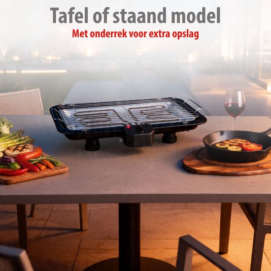 Barbecue électrique Alpina 2-en-1 2200 W - Barbecue électrique de table avec thermostat - Gril électrique avec fonction de maintien au chaud - Gril électrique de table avec grille réglable - 51 x 30 cm - Noir