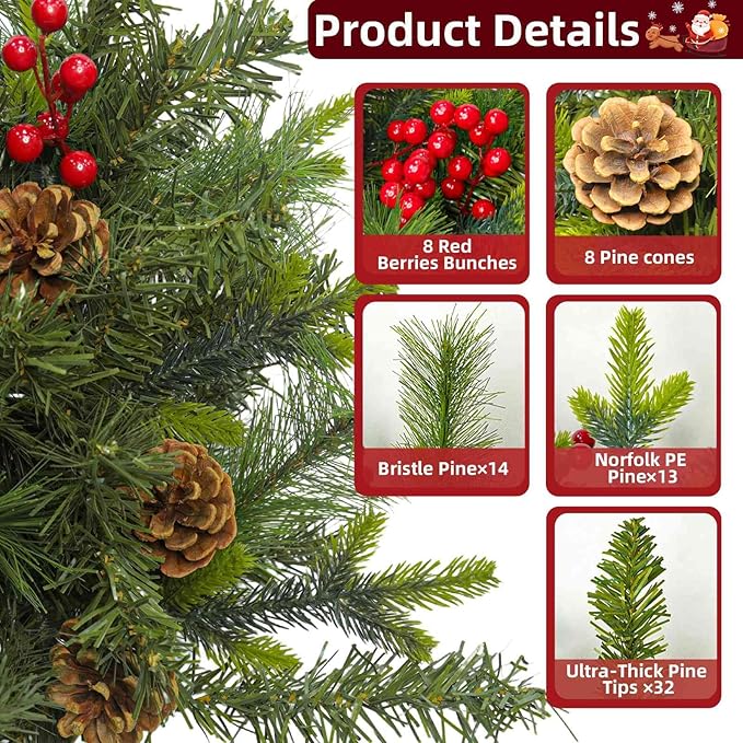Mini sapin de Noël avec lumières, petit sapin de Noël artificiel, minuterie, 30 lumières led, lumière blanche chaude, pommes de pin, baies rouges, branches réalistes pour décoration de Noël, intérieur, vacances