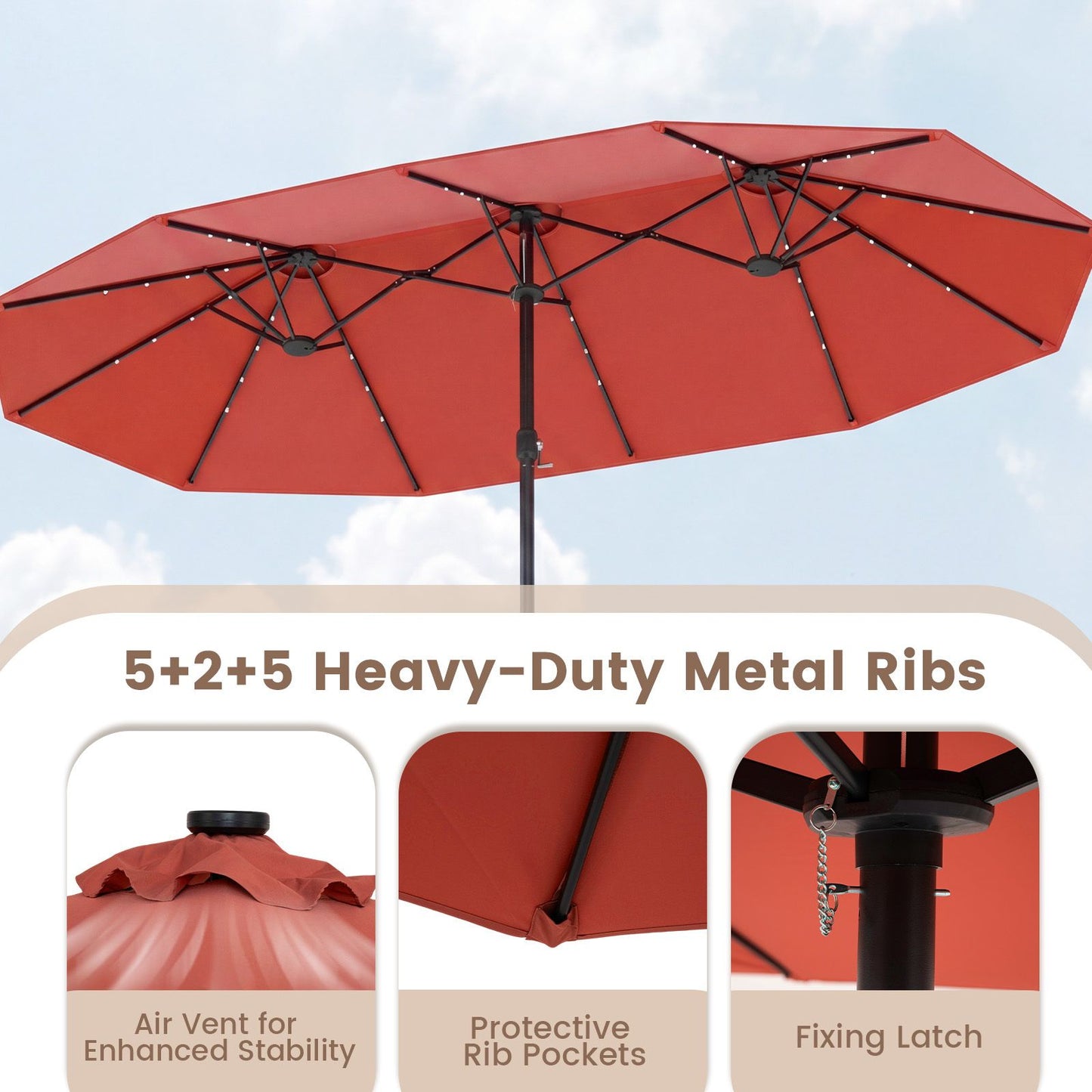 Coast 460 x 285 cm – Parasol de jardin double orange avec 48 LED à énergie solaire – Parasol extra-large avec panneau solaire à recharge automatique