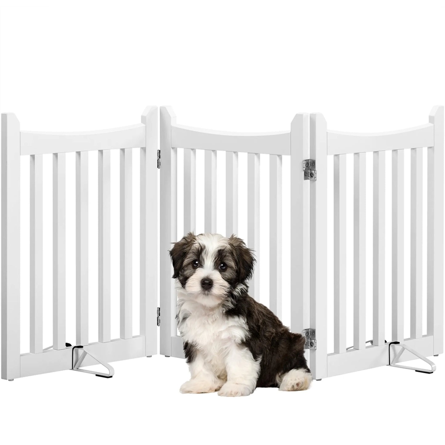 Yaheetech Dog Gate White 3-Piece - Equipée de charnières à 360°, de deux pieds en métal et de capuchons en mousse EVA - Pour les escaliers et la cuisine - MDF blanc et métal - 152 x 60.5 x 2 cm