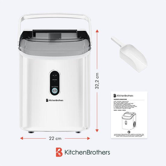 KitchenBrothers Nugget Ice Cube Maker - 1.1L - Machine à glace pilée avec pelle à glace - Portable - 15kg/24 heures - Blanc