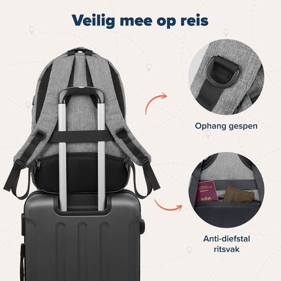 TRVLMORE Sac à dos - 36L - 17.3 inch - Sac à dos pour ordinateur portable - Sac d'école - Unisexe - Gris anti-éclaboussures
