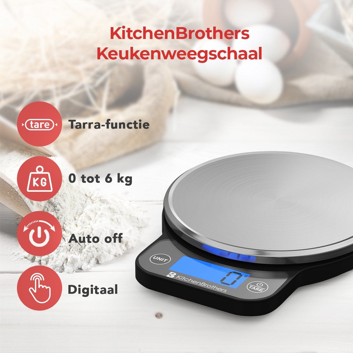 Balance de cuisine KitchenBrothers - numérique - 1 g à 6 kg - Piles incluses - Acier inoxydable - noir