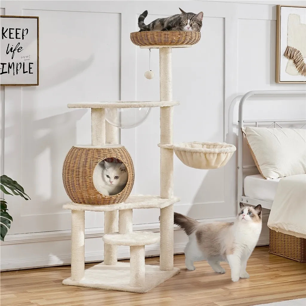 Yaheetech Arbre à chat 137,5 cm en rotin avec maison pour chat, beige