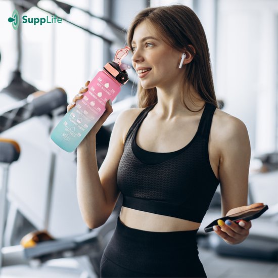 Gourde Supplife - 1 litre - avec paille - Motivation - Gourde de sport - Sans BPA - Rose Aqua