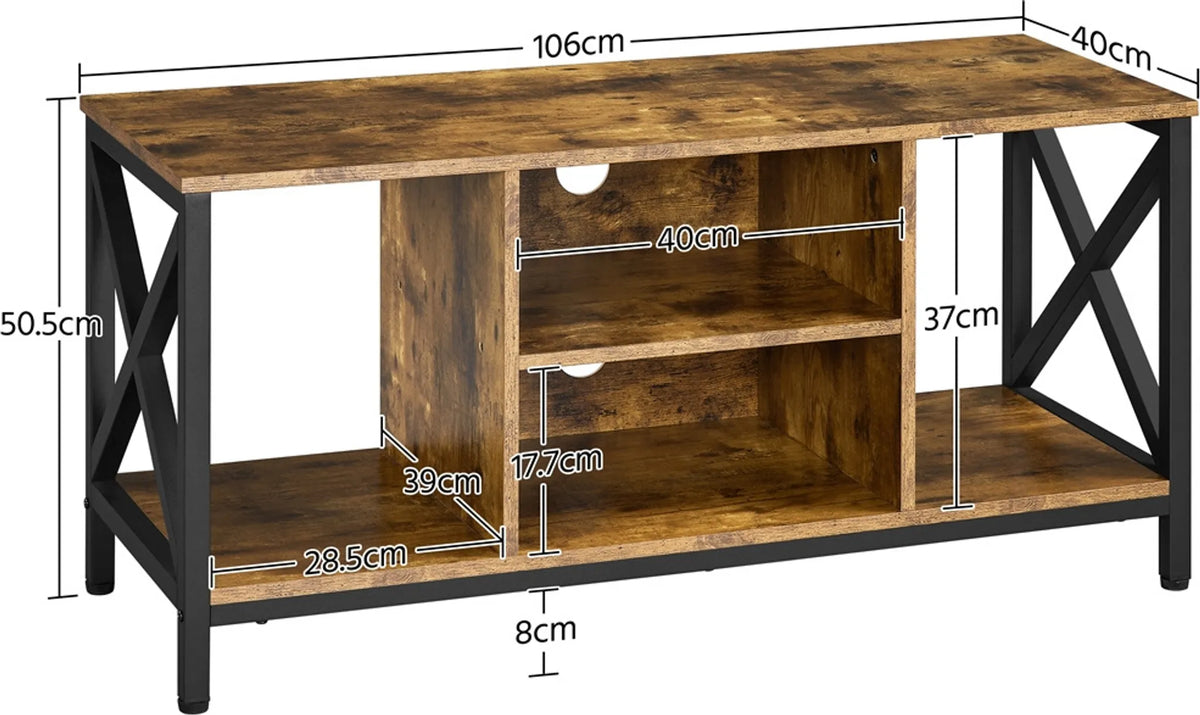 Meuble TV Yaheetech 106 x 40 x 50,5 cm - Brun rouille - Style industriel - Compartiments de rangement ouverts - 40 kg