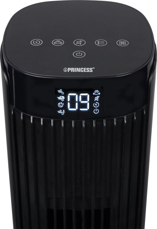 Ventilateur colonne Princess DC 91 cm – Ultra silencieux – 12 vitesses – 4 modes de ventilation – Oscillation à 90° – Minuterie 1 à 24 heures – Avec télécommande – Noir - 352370