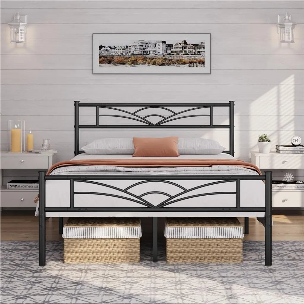 Cadre de lit en métal Yaheetech - Motif nuages - Sommier à lattes - 140 x 200 cm - Espace de rangement de 32 cm - Noir