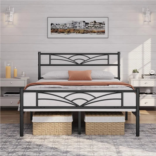 Cadre de lit en métal Yaheetech - Motif nuages - Sommier à lattes - 140 x 200 cm - Espace de rangement de 32 cm - Noir