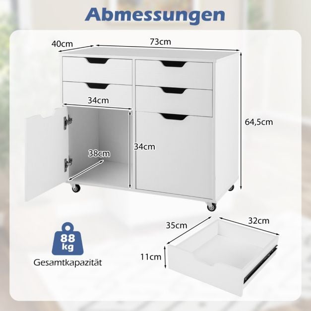 Armoire d'archivage à roulettes Coast – 4 tiroirs et 2 portes – 73 x 40 x 64,5 cm – Blanc