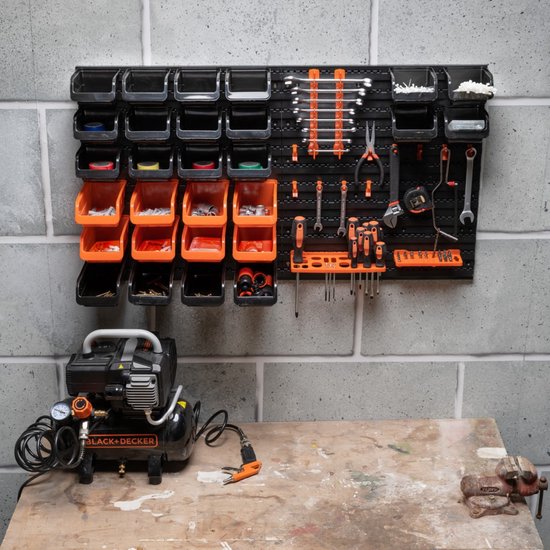 BLACK+DECKER Panneau à outils avec bacs de rangement et crochets - 98 x 23 x 43 cm - 43 pièces - Panneau mural à outils