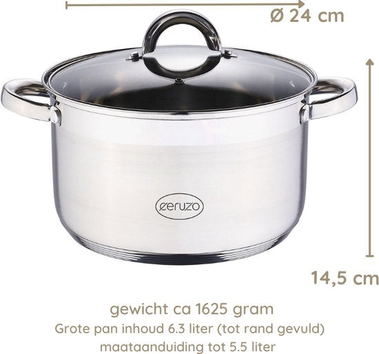Ceruzo Poêle de cuisson - acier inoxydable - Diamètre 24 cm - H 14,5 cm - 6,3 L - toutes sources de chaleur