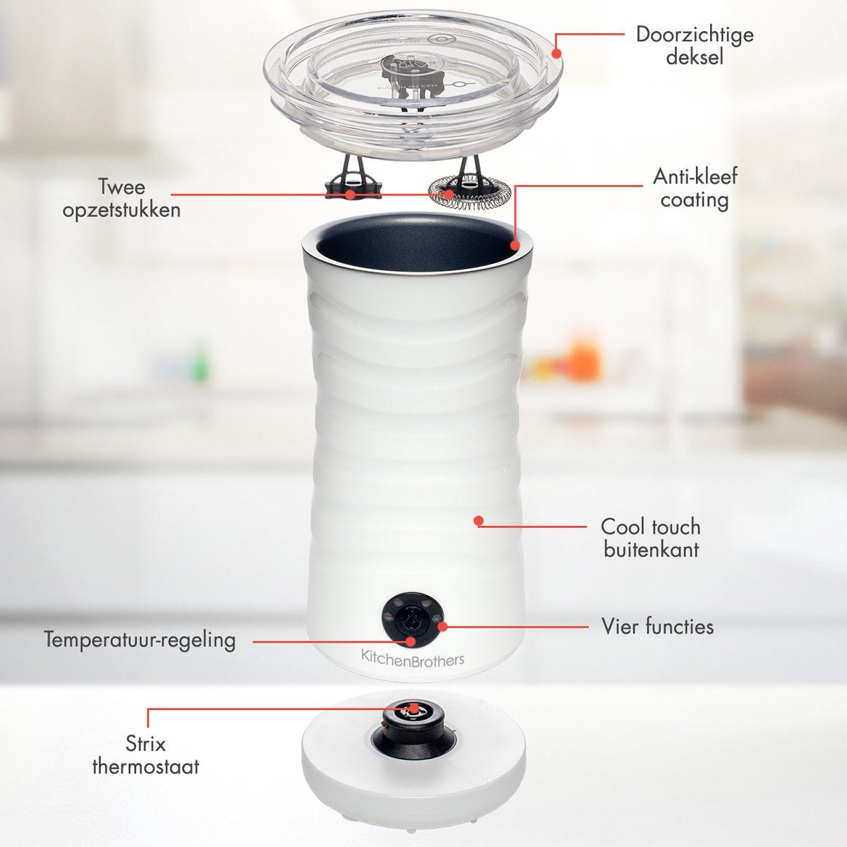 Mousseur à Lait Électrique 4 en 1 KitchenBrothers, 400W avec Chauffe Lait Automatique et 2 Fouets, Capacité de 240 ml, Blanc