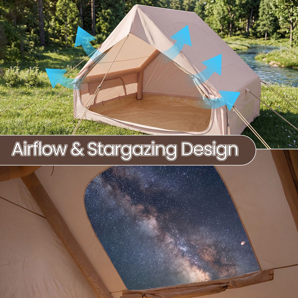 Tente de camping gonflable Coast - 4 personnes - 2 portes et lucarne - kaki - 295 x 205 x 200 cm