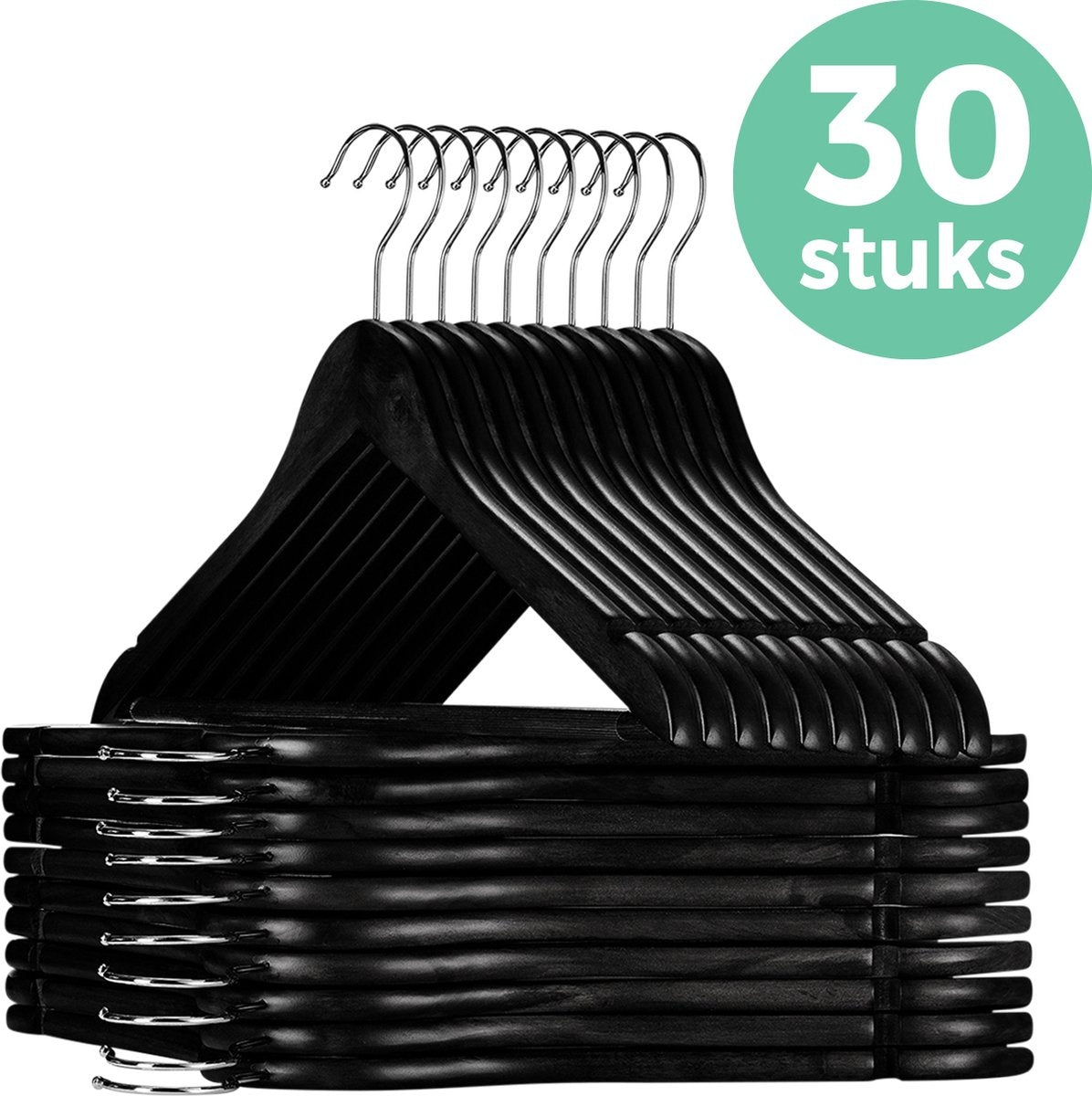 LifeGoods Cintres - Avec barre de pantalon - Bois dur - Noir - 30 pièces