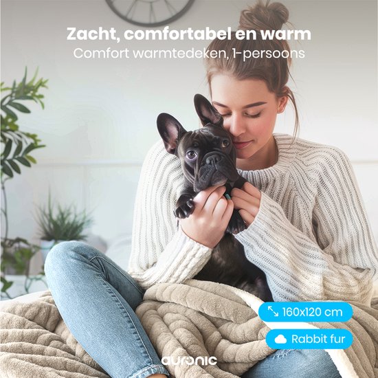 Couverture électrique Auronic - 160 x 120cm - Couverture chauffante - 1 personne - 3 niveaux de chaleur - Peluche - Couverture chauffante - Taupe