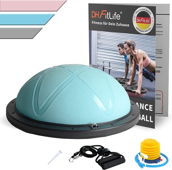 Ballon d'équilibre DH FitLife, accessoire d'équilibre pour le yoga, diamètre de 60 x 22 cm, charge maximale de 200 kg, demi-ballon de gymnastique, planche d'équilibre de fitness, planche d'équilibre avec pompe et 2 bandes de fitness