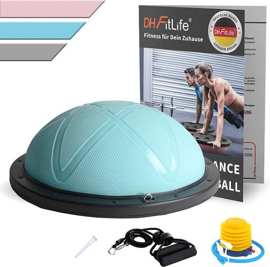 Ballon d'équilibre DH FitLife, accessoire d'équilibre pour le yoga, diamètre de 60 x 22 cm, charge maximale de 200 kg, demi-ballon de gymnastique, planche d'équilibre de fitness, planche d'équilibre avec pompe et 2 bandes de fitness