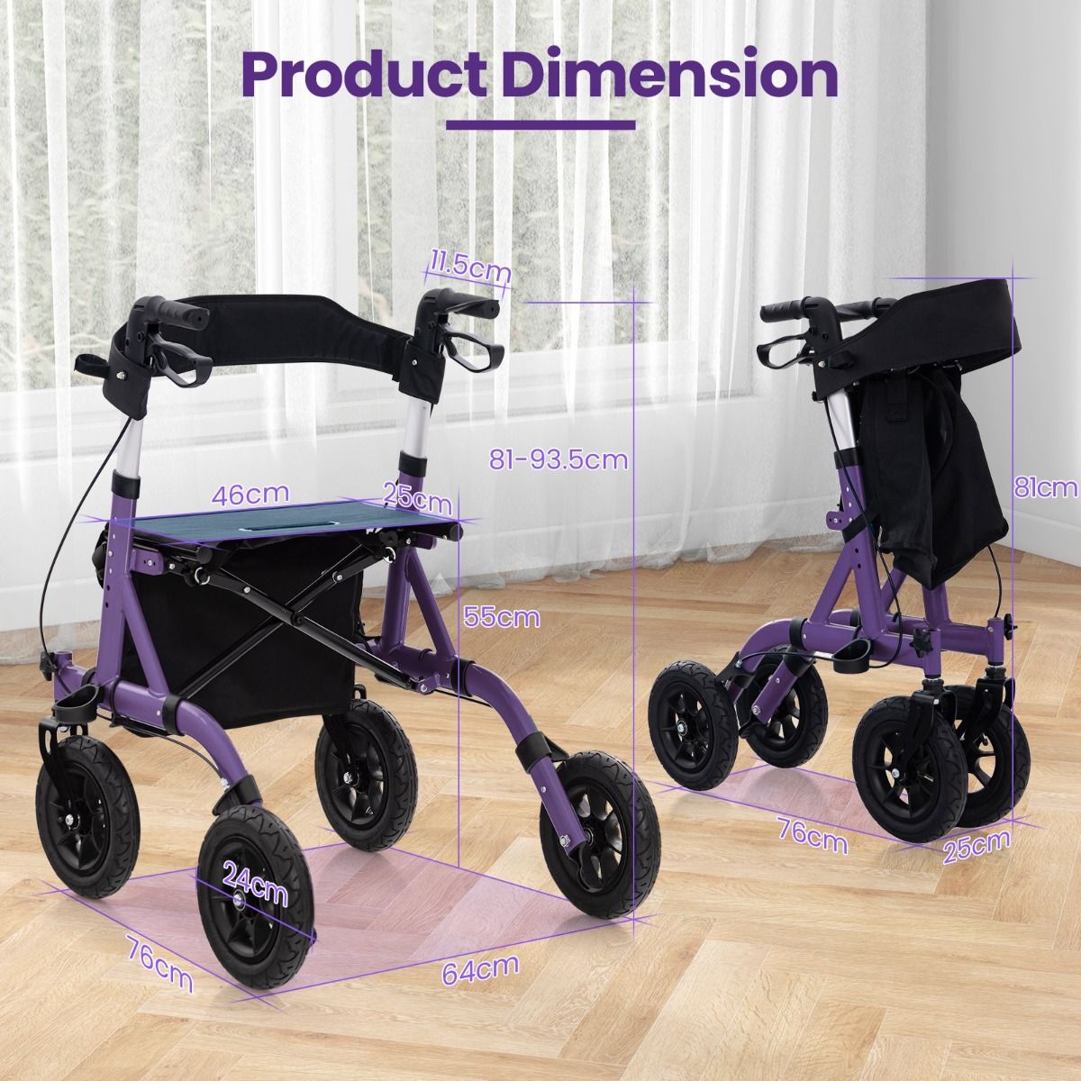 Rollator pliable Coast avec siège - Fauteuil roulant et déambulateur 2-en-1 - Réglable en hauteur sur 6 positions - violet