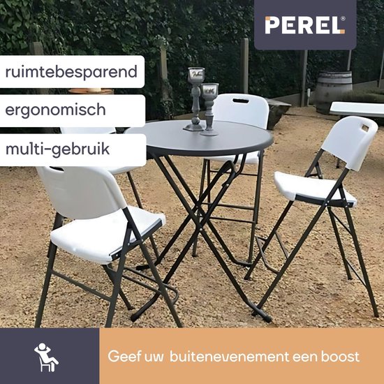 Chaise pliante haute pour l'intérieur et l'extérieur, tabouret de bar, avec dossier et repose-pieds, en plastique, peu encombrante, idéale pour les événements, les fêtes et la restauration, avec structure en acier et assise résistante aux intempéries, 45