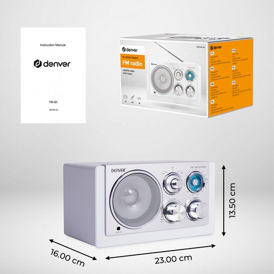 Denver Radio FM portable - Rétro - Fonctionne sur piles ou sur secteur - Radio de cuisine - AM - FM - TR61 - Blanc
