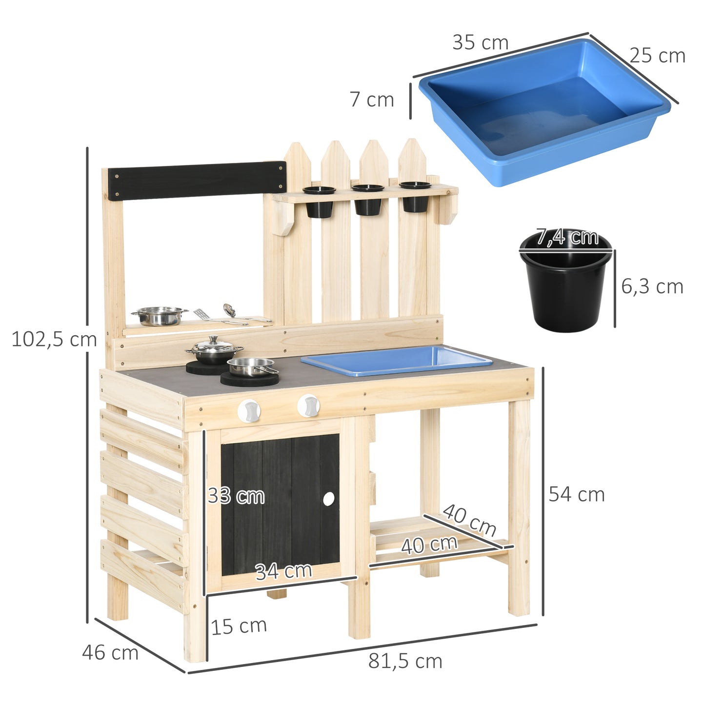 Cuisine pour enfants HOMCOM - Kitchenette complète avec accessoires - Gris/Noir - 82 x 30 x 85 cm